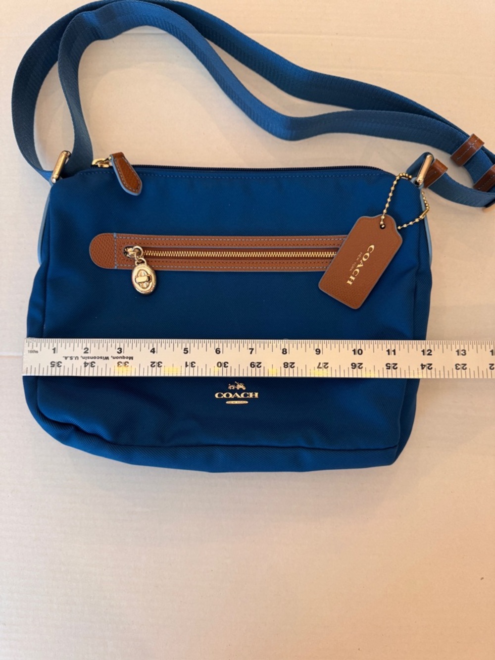 Coach Sawyer Bright Mineral Blue Canvas Crossbody Bag Brass Turn Lock - Picture 11 of 11